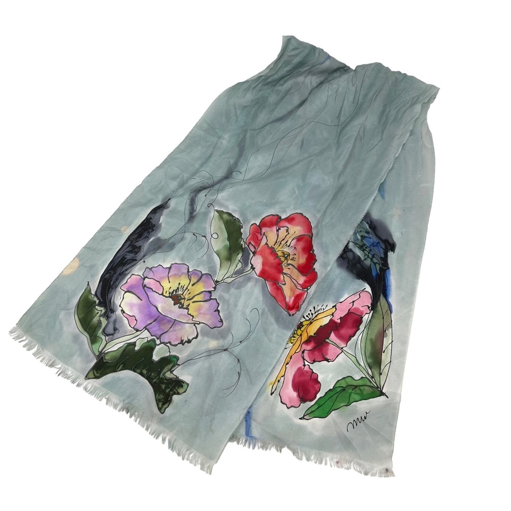 Hand Painted Silk Scarf with‎ Watercolor Floral & Abstract Print 11x44